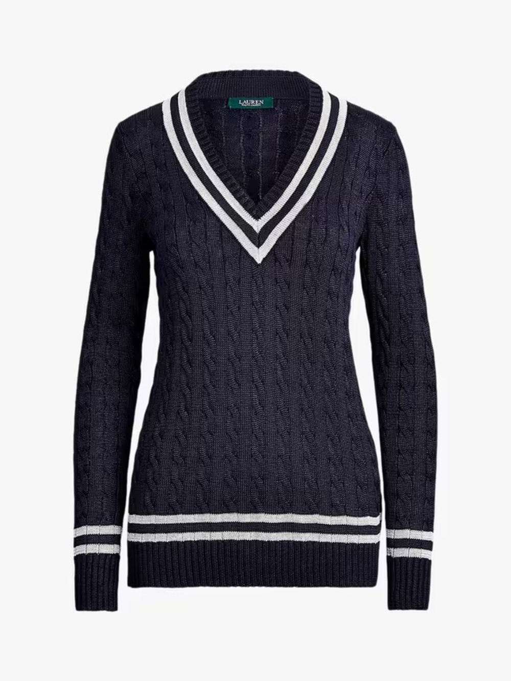 Lauren Ralph Lauren Metallic Cricket Sweater Navy Silver Preppy Knit Size XS